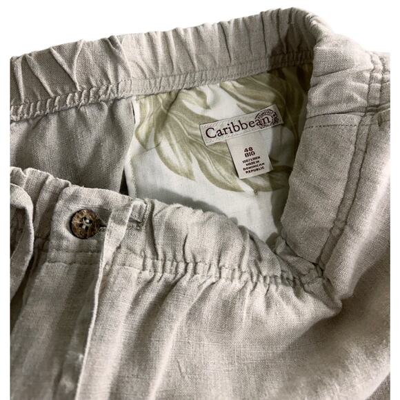 Caribbean Beige Linen Shorts Sz 48 Big Drawstring Elastic Waist 8.5" Inseam Mens - Picture 4 of 7